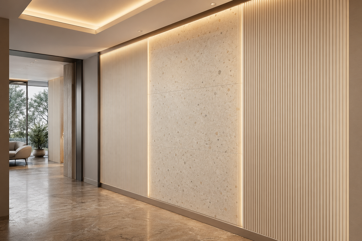 Fadior Terrazzo Wall Panel Suite with Ribbed Mineral Rhythm Plane — interior room context showing cabinet integration
