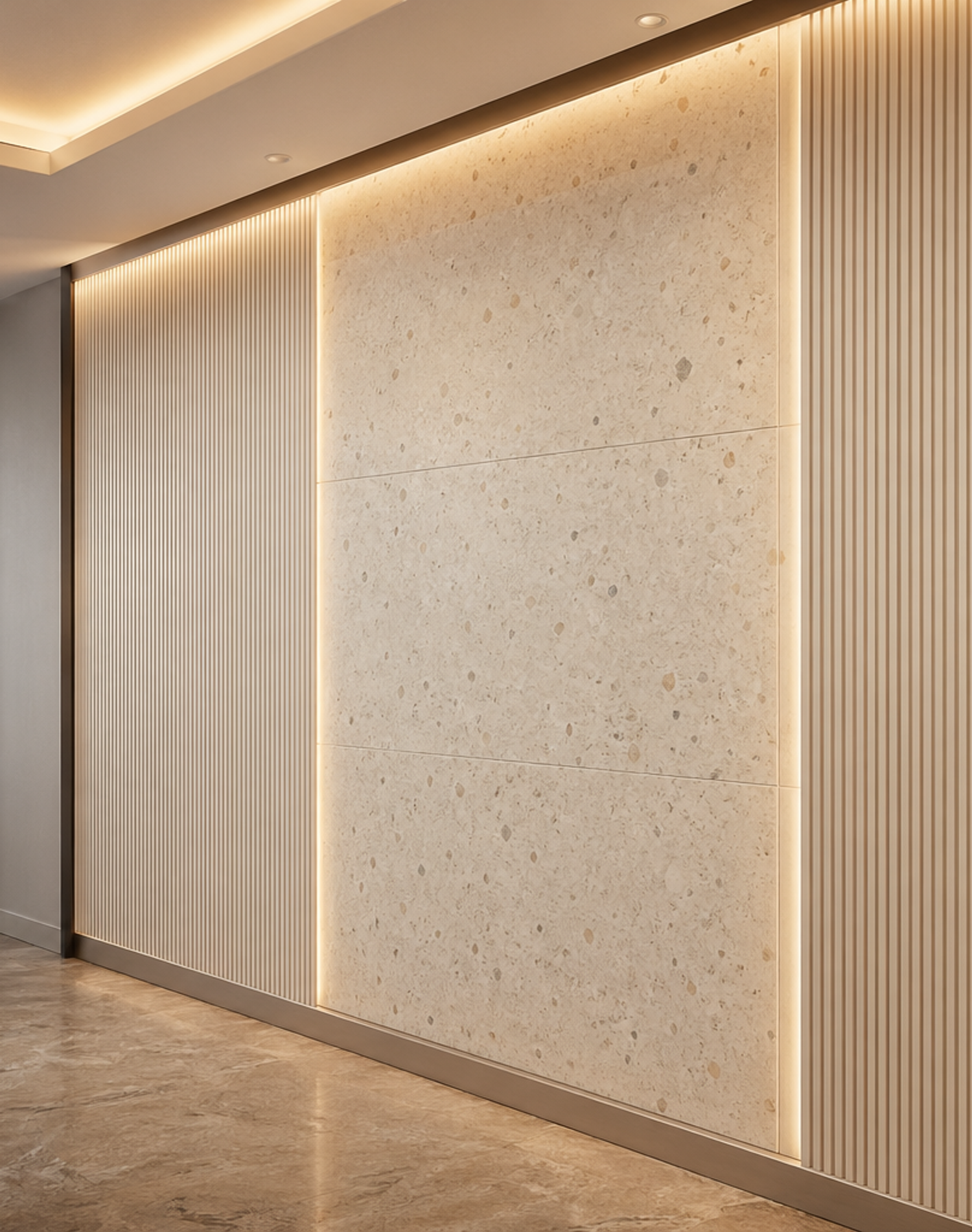 Fadior Terrazzo Wall Panel Suite with Ribbed Mineral Rhythm Plane — interior room context showing cabinet integration
