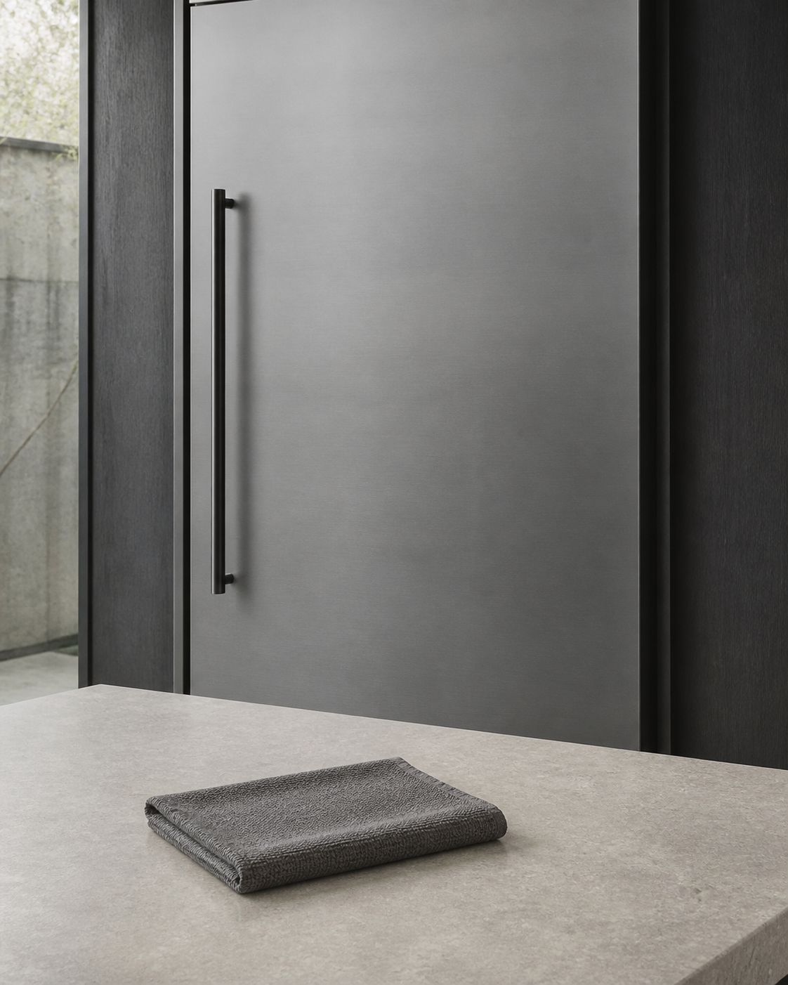 Two gray microfiber cloths and clear water on pale limestone beside a dark appliance wall