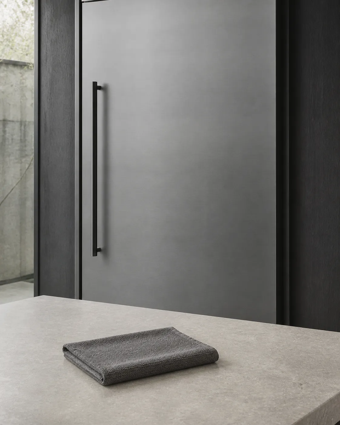 Two gray microfiber cloths and clear water on pale limestone beside a dark appliance wall