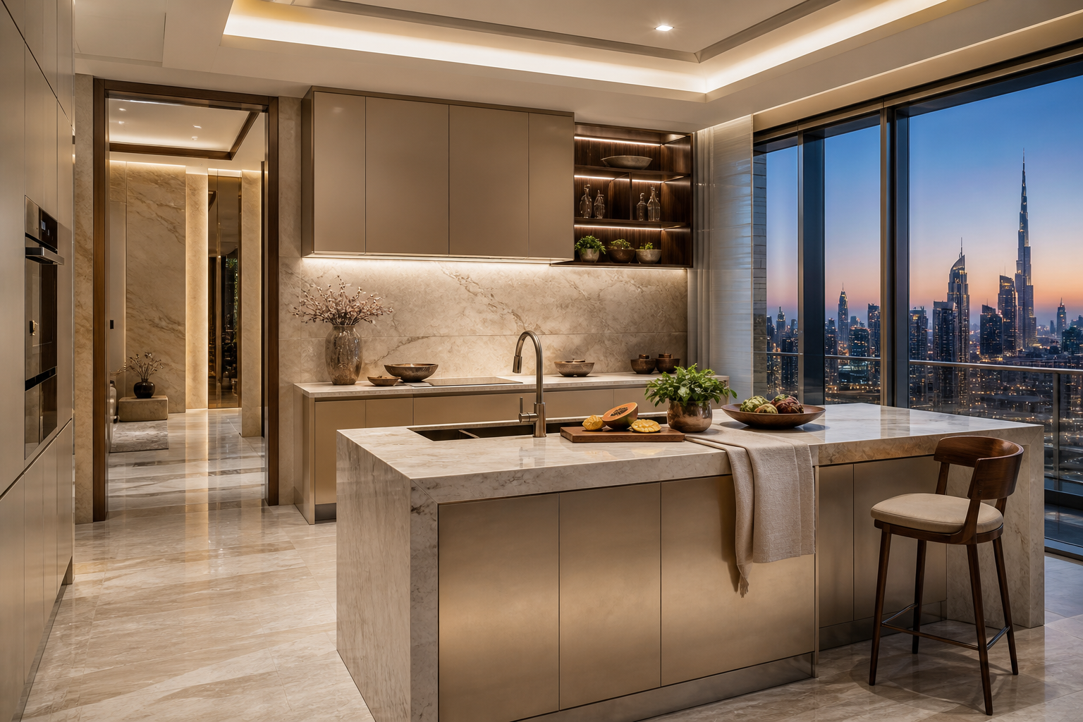 Fadior Dubai 120 sqm Kitchen Bath Penthouse — kitchen counter, cabinet wall, stone sink and glass skyline window