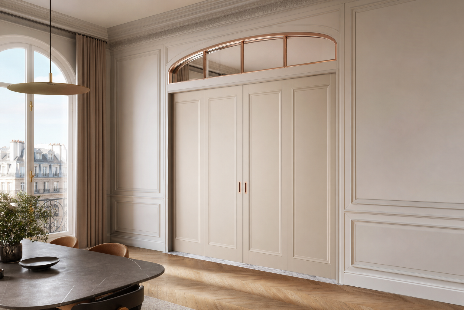 Suite de Puerta Interior Alabaster con Puerta Pivotante Clerestory Bronce estudio de adaptación