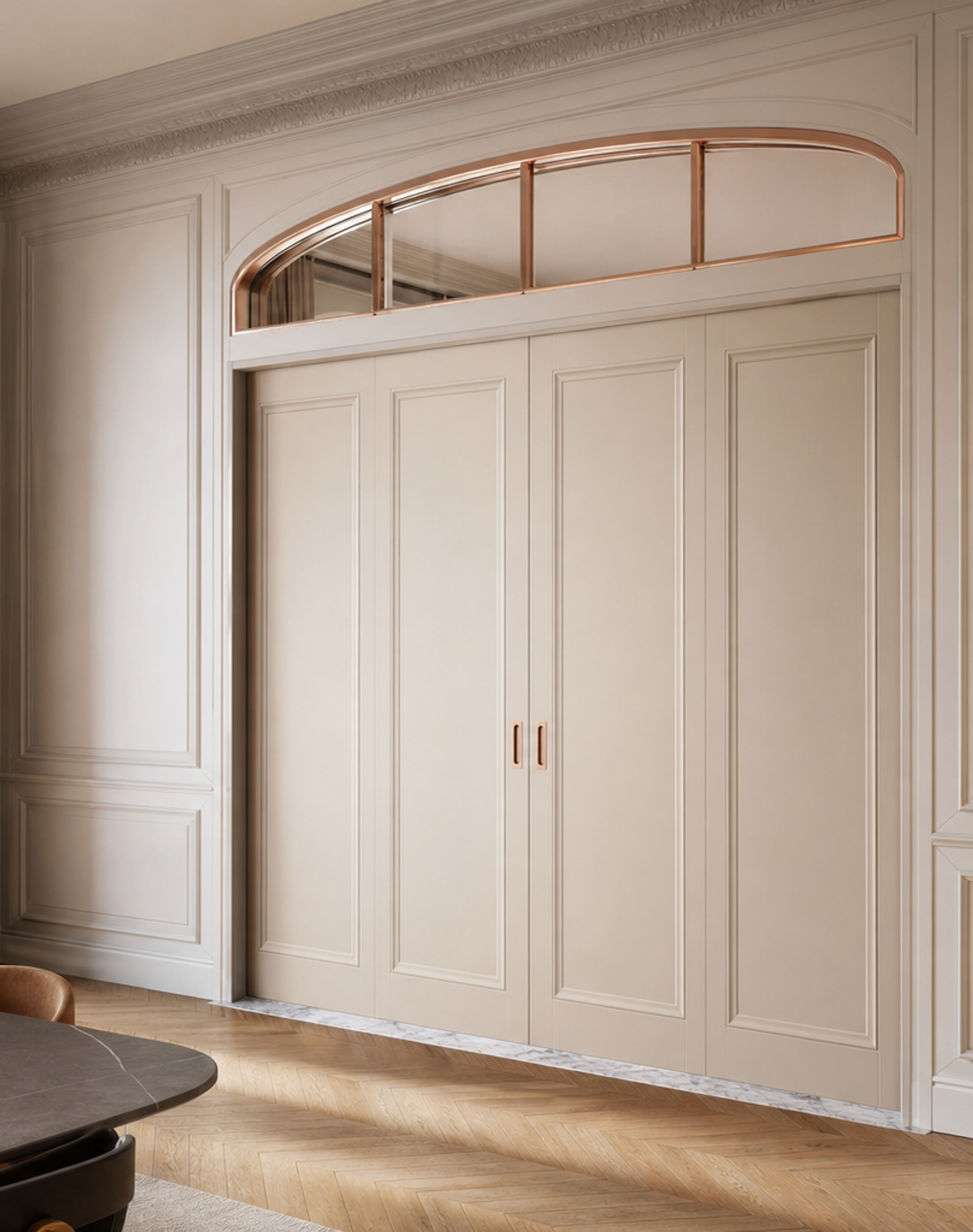 Fadior Alabaster Interior Door Suite with Bronze Clerestory Pivot Door — lifestyle setting with natural light and