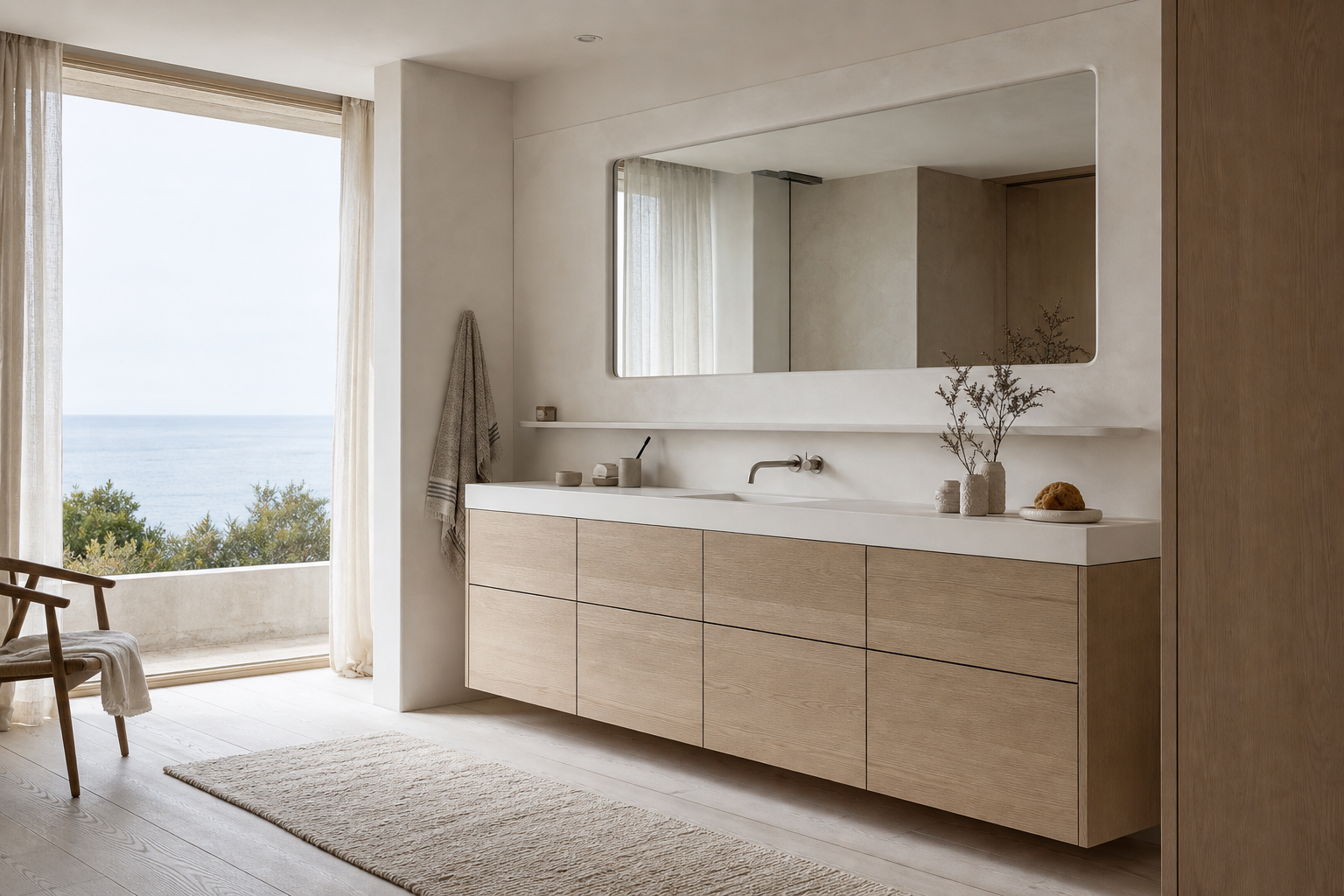 Fadior Ethereal Bath and Vanity Suite with Cooling Plaster Wash Shelf — interior room context showing cabinet integration