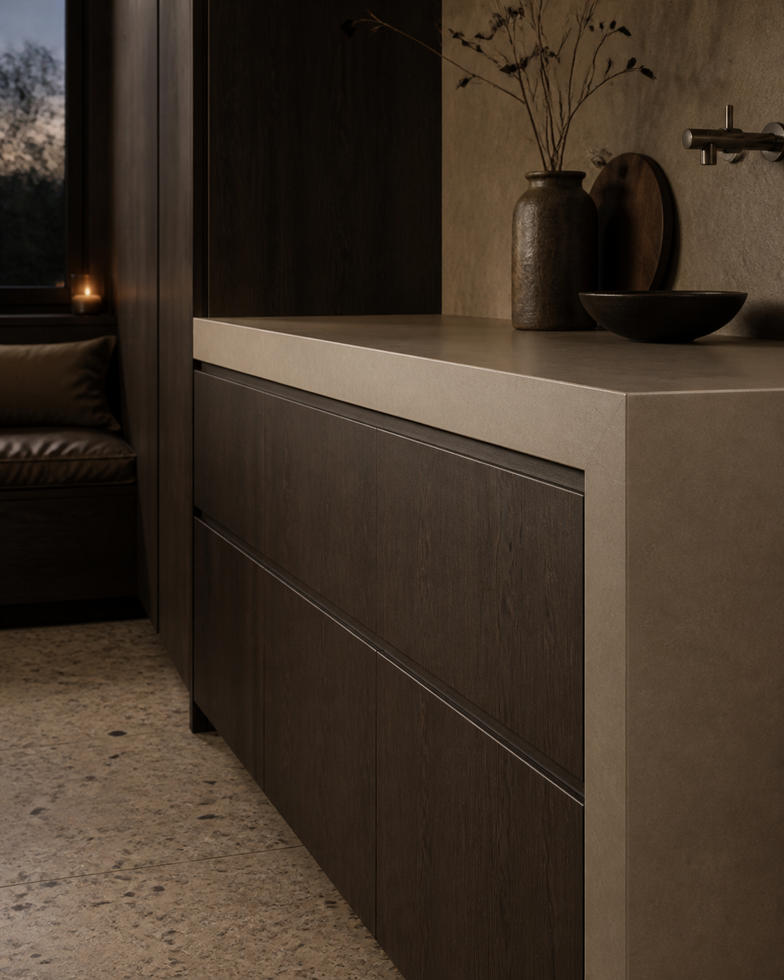 Fadior Continuum Staron Seamless Countertop Spine — close-up of stainless steel finish and hardware detail