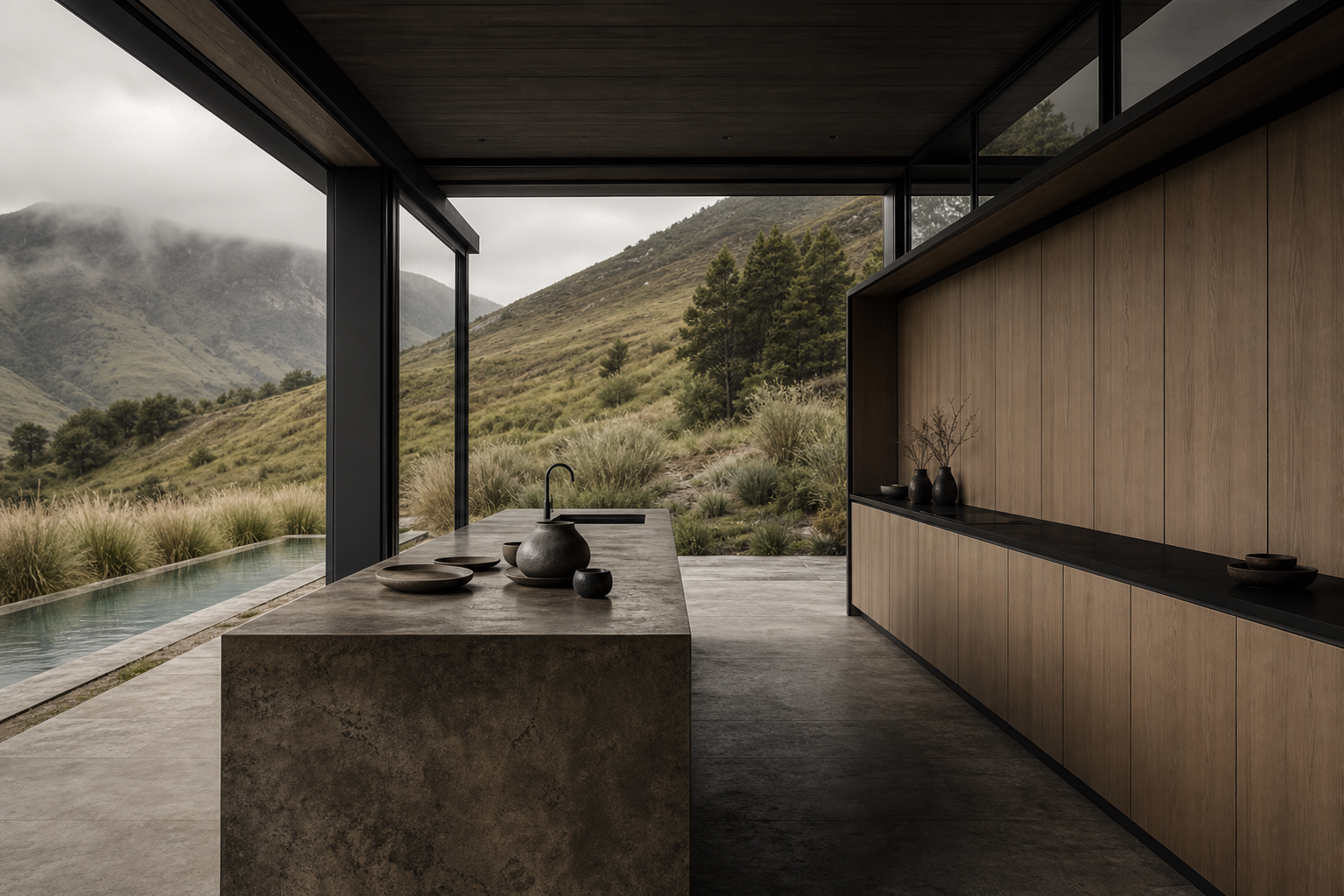 Fadior Meridian Kitchen Suite with Handleless Timber Service Run — lifestyle setting with natural light and residential