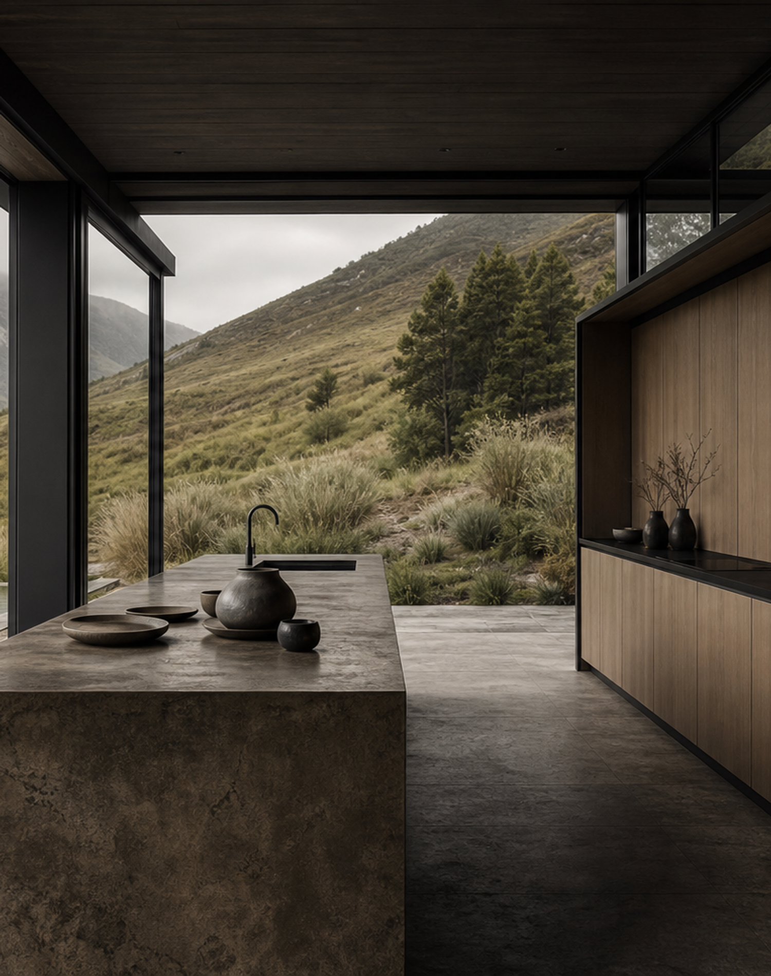 Fadior Meridian Kitchen Suite with Handleless Timber Service Run — lifestyle setting with natural light and residential
