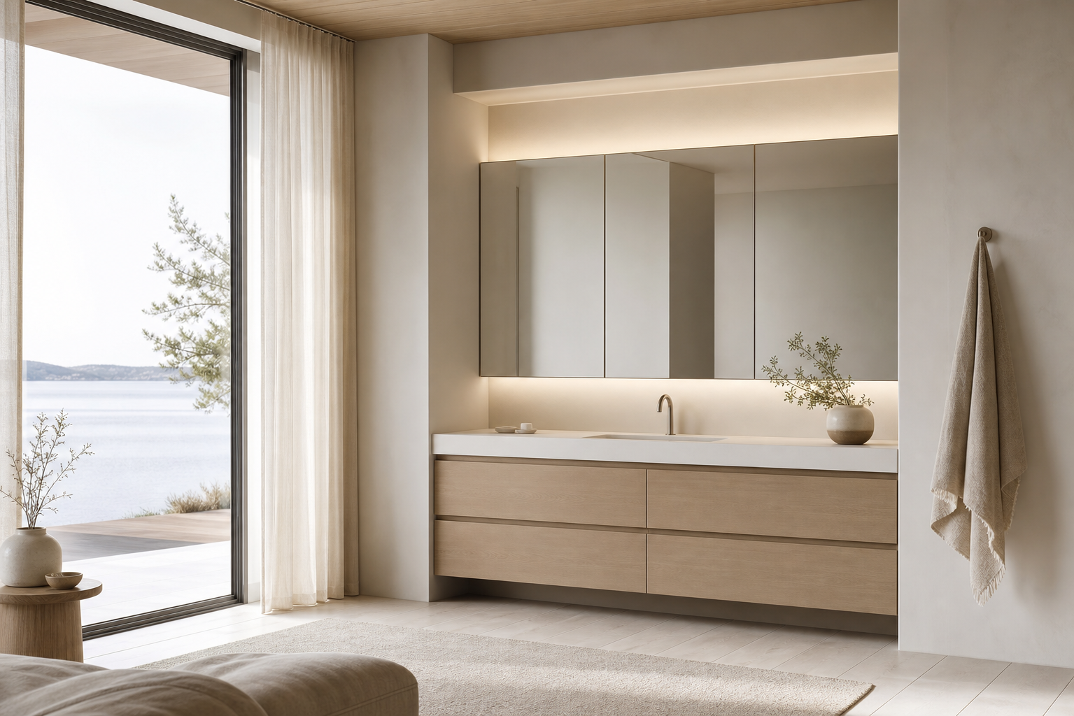 Fadior Nacre Bath and Vanity Suite with Handleless Mirror Storage Bay — lifestyle setting with natural light and residential