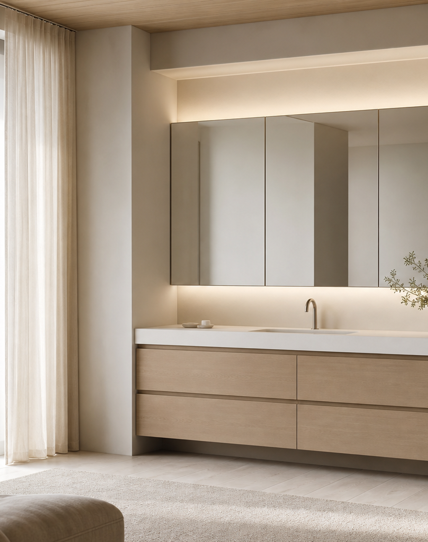 Fadior Nacre Bath and Vanity Suite with Handleless Mirror Storage Bay — lifestyle setting with natural light and residential