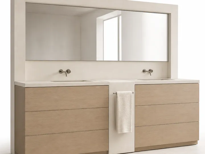 Fadior Nacre Bath and Vanity Suite with Chalk Ceramic Towel Pier — 304 stainless steel bath and vanity system, front view