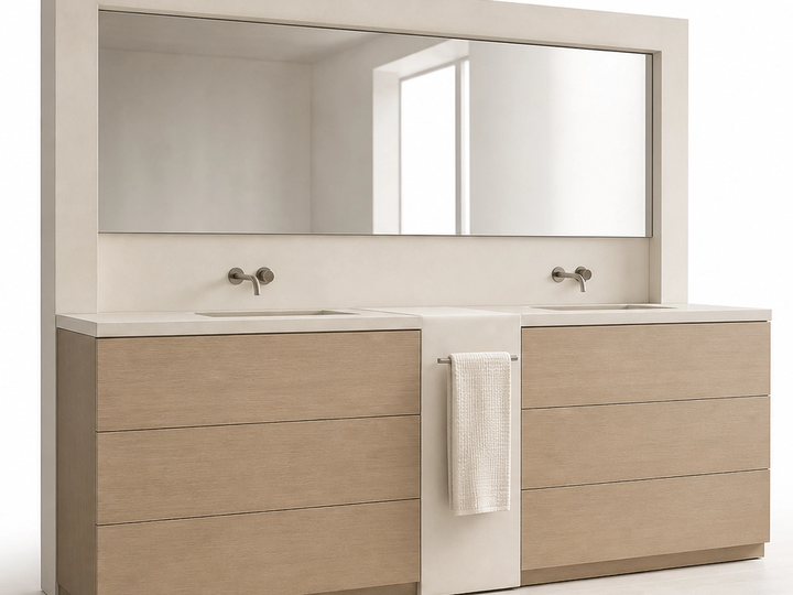Fadior Nacre Bath and Vanity Suite with Chalk Ceramic Towel Pier — 304 stainless steel bath and vanity system, front view