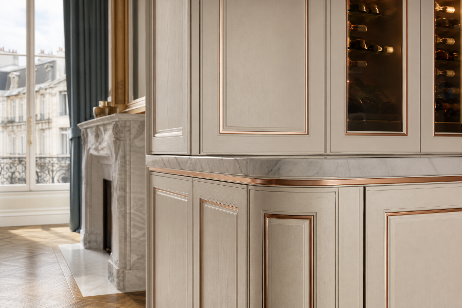 Fadior Gloria Wine Cabinet Suite with Limewash Cellar Tasting Pier — close-up of stainless steel finish and hardware detail