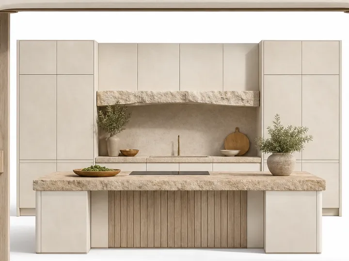 Fadior Armarios Meridian Kitchen Suite with Limestone Harvest Bridge — 304 stainless steel kitchen system, front view