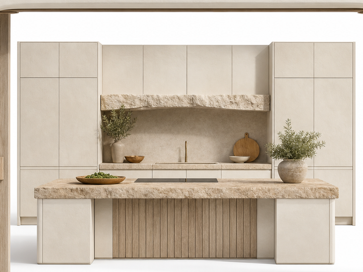 Fadior Armarios Meridian Kitchen Suite with Limestone Harvest Bridge — 304 stainless steel kitchen system, front view