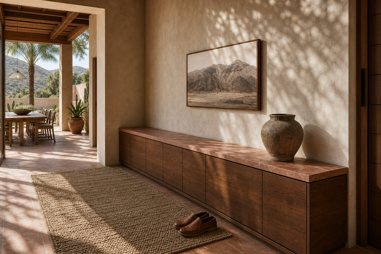 Fadior Ecliptic Entryway Suite with Shadowline Arrival Wall — lifestyle setting with natural light and residential styling