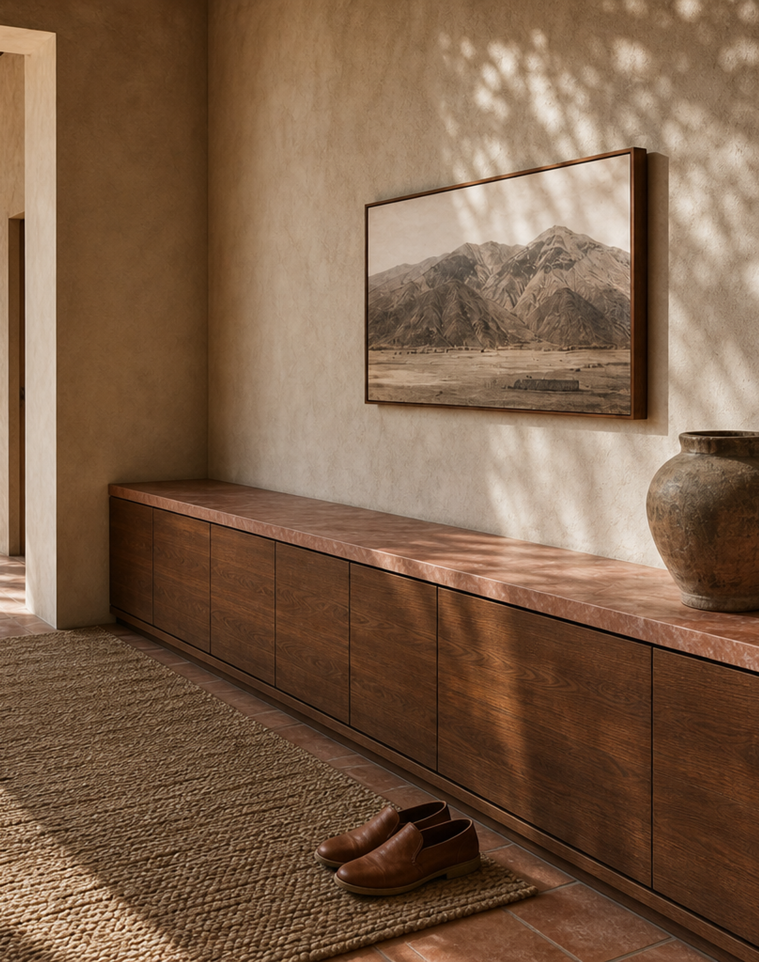 Fadior Ecliptic Entryway Suite with Shadowline Arrival Wall — lifestyle setting with natural light and residential styling