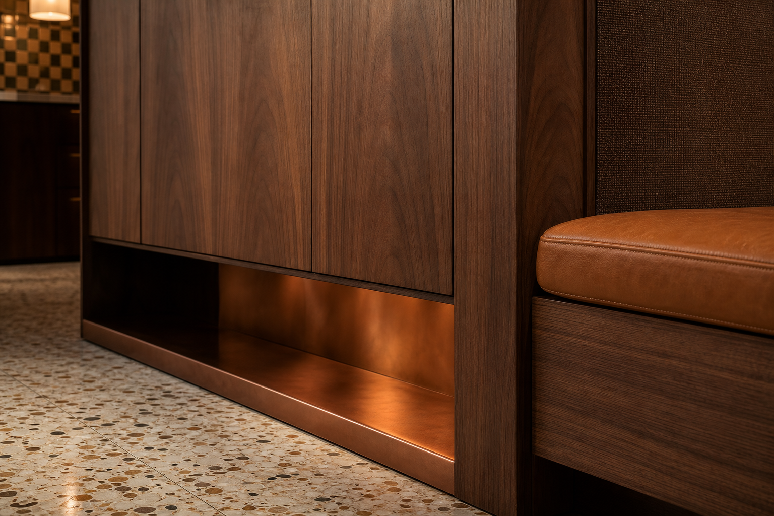 Fadior Galleria Living Room Suite with Copper Hearth Listening Wall — close-up of stainless steel finish and hardware detail