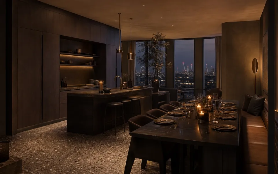 Fadior London 200 sqm Kitchen Bath Penthouse — kitchen island, dining table, cabinet wall, city window, terrazzo floor — 304 stainless steel cabinetry installation by Fadior