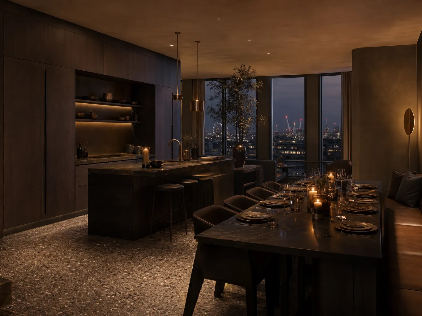 Fadior London 200 sqm Kitchen Bath Penthouse — kitchen island, dining table, cabinet wall, city window, terrazzo floor