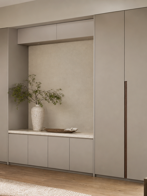 Fadior Savile Entryway Suite with Linen Pinboard Service Alcove — 304 stainless steel entryway system, front view