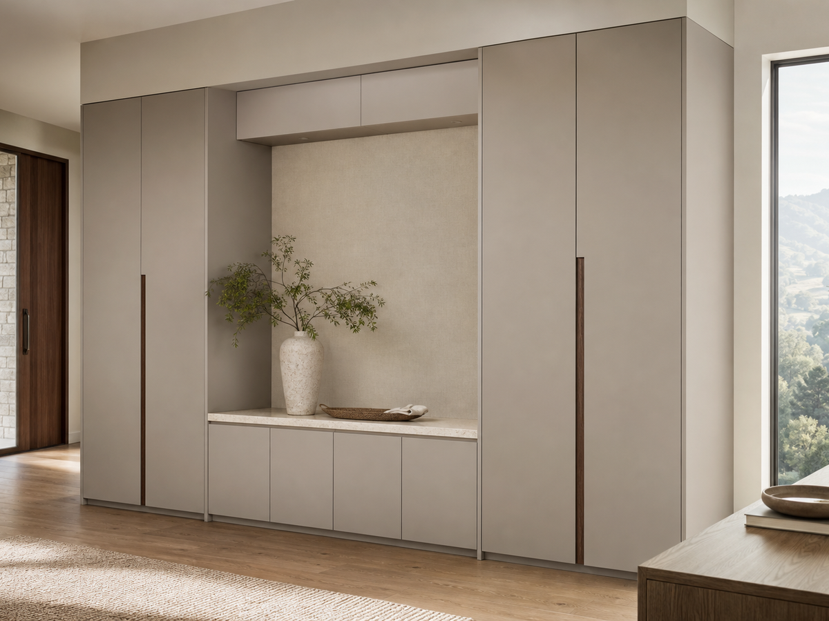 Fadior Savile Entryway Suite with Linen Pinboard Service Alcove — 304 stainless steel entryway system, front view
