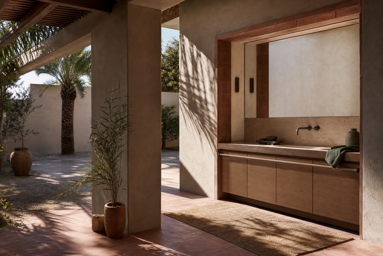Fadior Voyage Bath Vanity Suite with Quiet Utility Basin Rail — interior room context showing cabinet integration