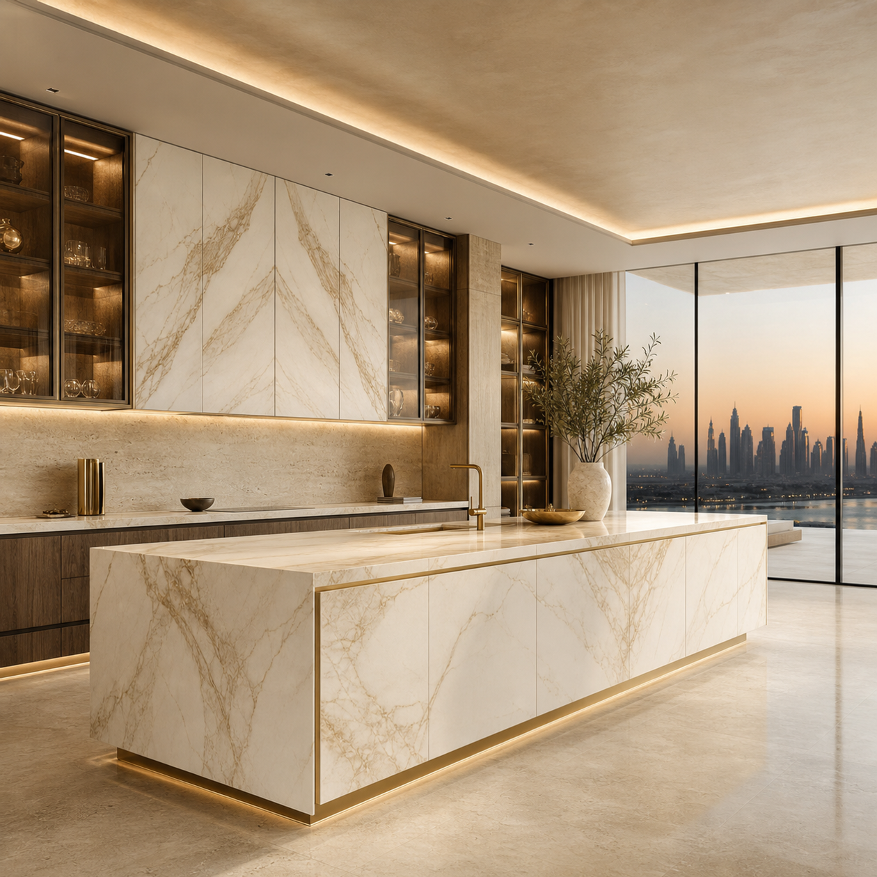 Material mood study with marble, travertine, smoked walnut, and ivory cabinet planes under dusk light.