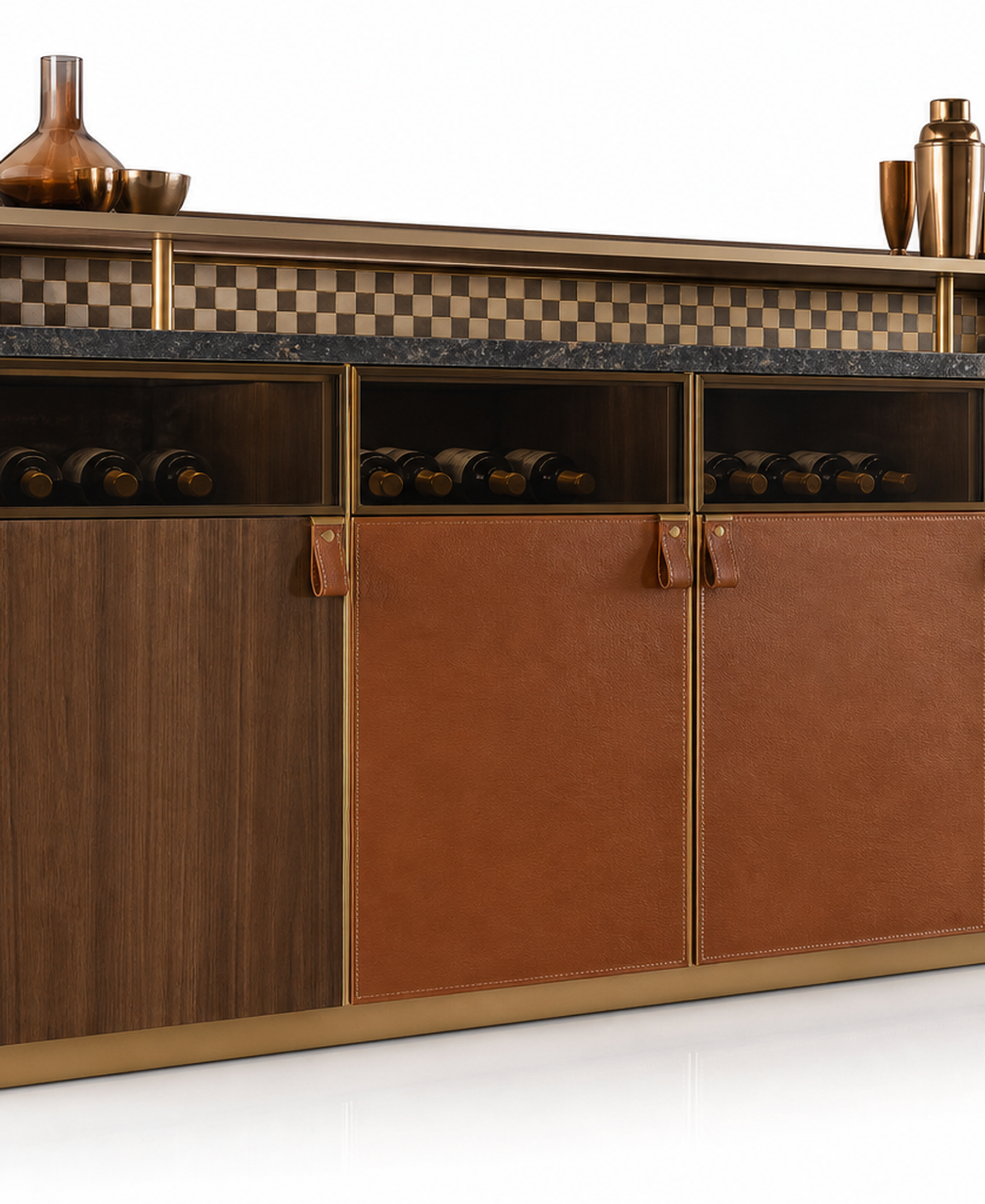 Fadior Grotto Wine Cabinet Suite with Cognac Sommelier Credenza — 304 stainless steel wine cabinet system, front view