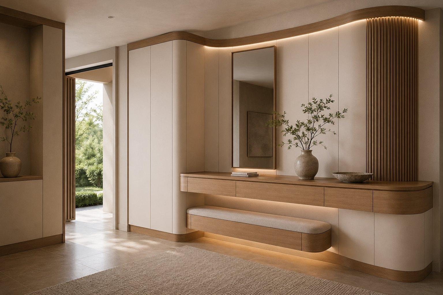 Fadior Ecliptic Entryway Suite with Curved Halo Console Wall — lifestyle setting with natural light and residential styling