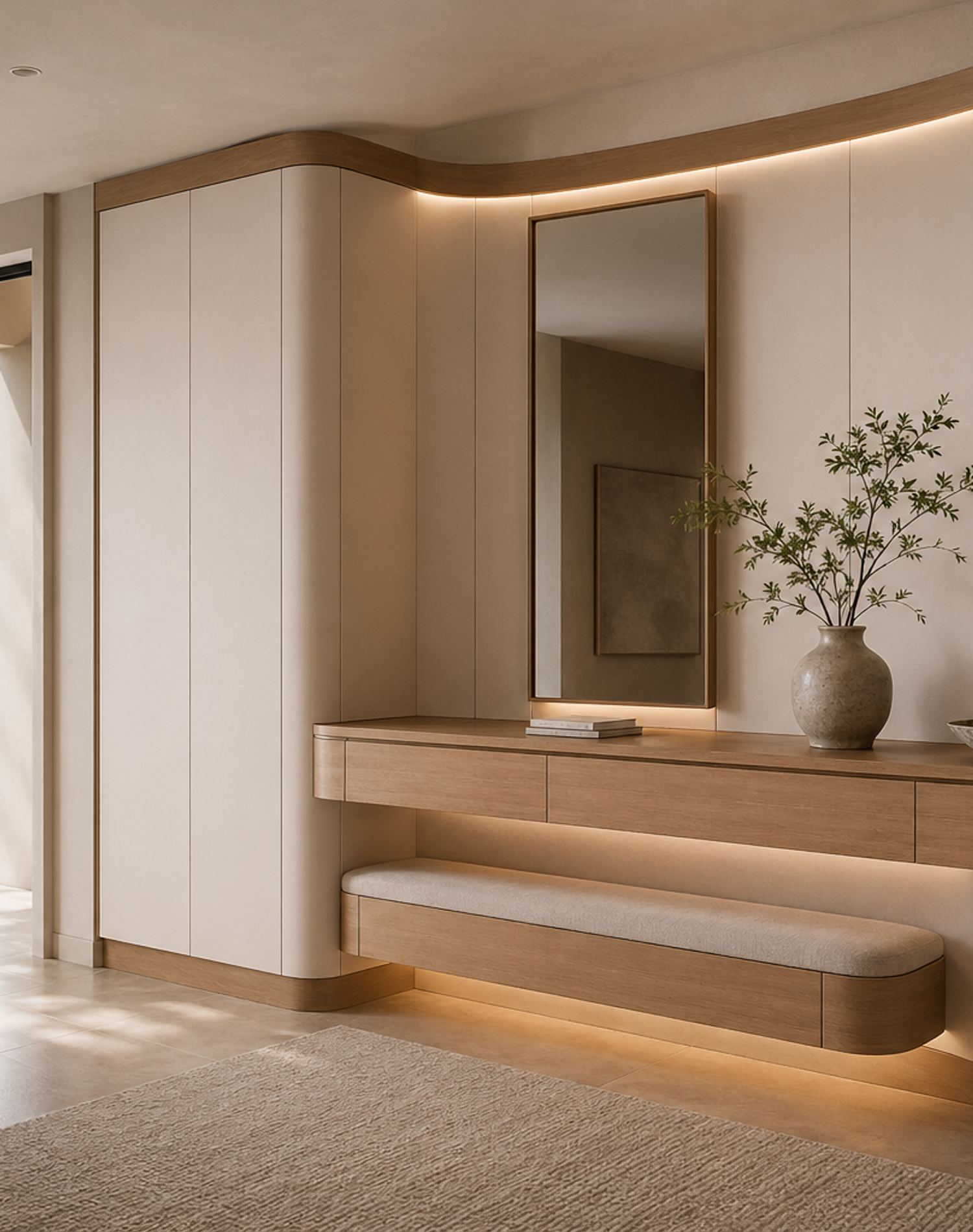 Fadior Ecliptic Entryway Suite with Curved Halo Console Wall — lifestyle setting with natural light and residential styling