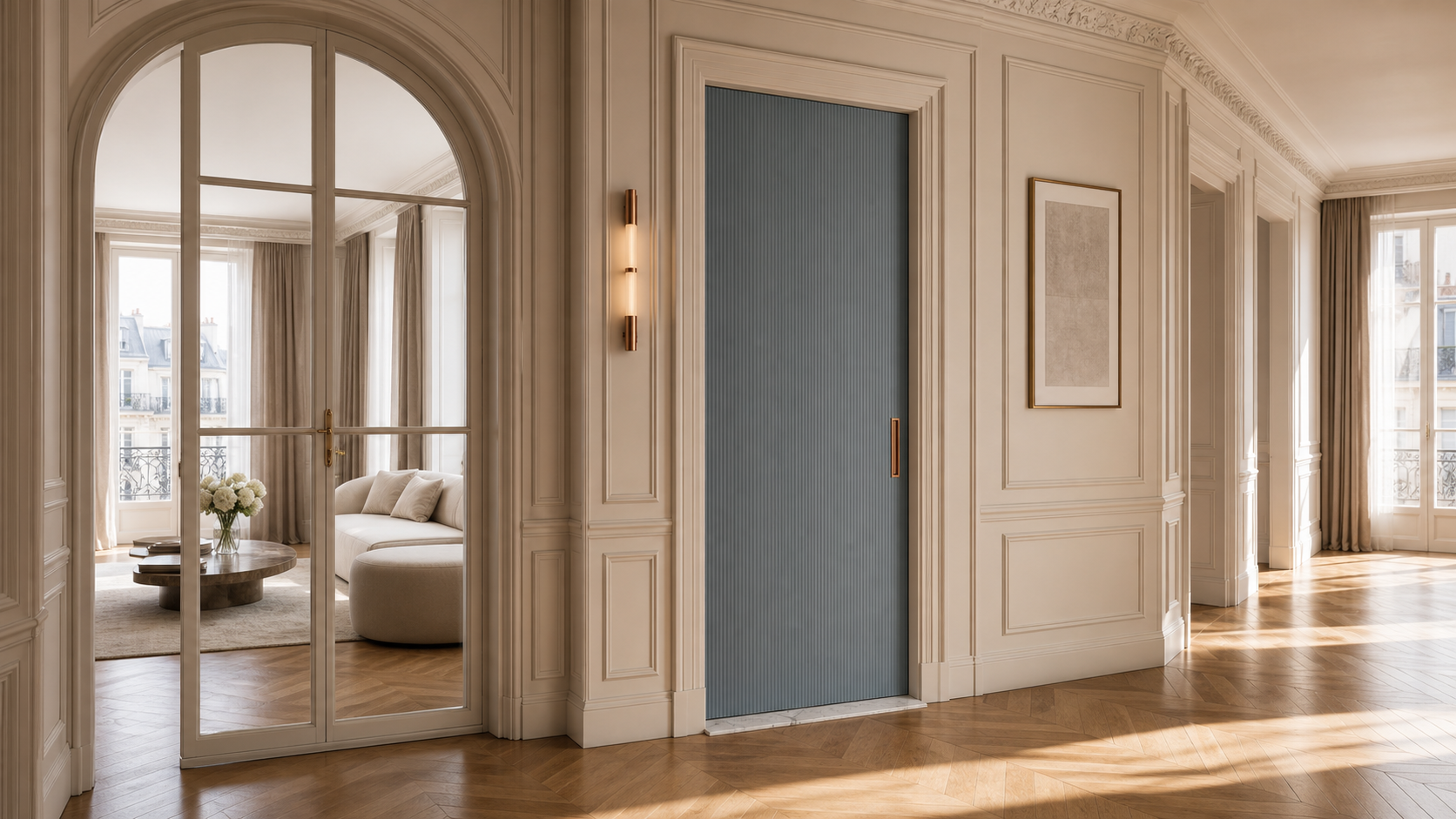 Fadior Silhouette Interior Door Suite with Reeded Slate Pocket Door — lifestyle setting with natural light and residential