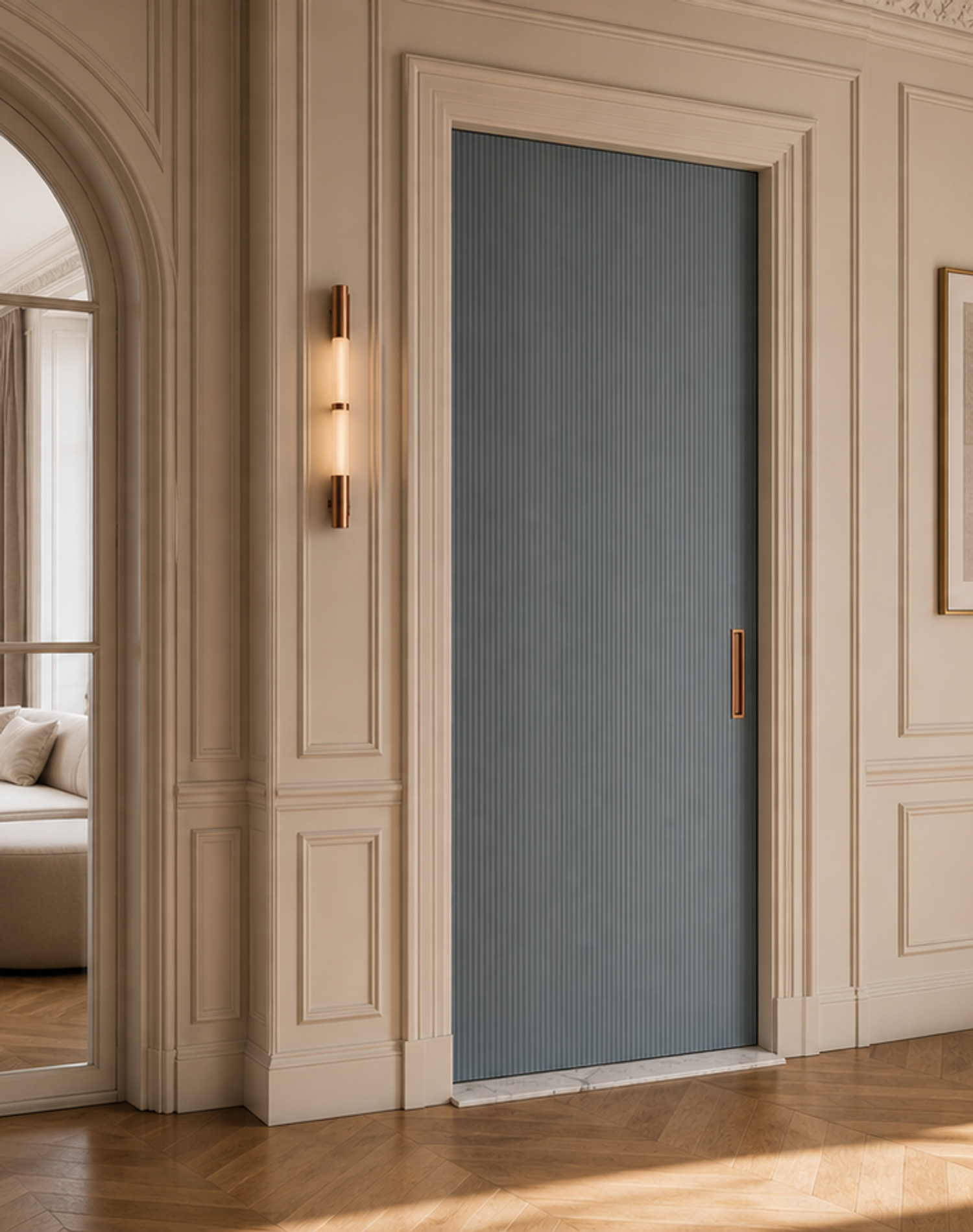 Fadior Silhouette Interior Door Suite with Reeded Slate Pocket Door — lifestyle setting with natural light and residential