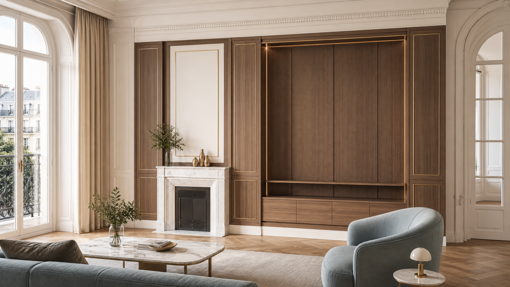 Fadior Veneto Living Room Suite with Walnut Boiserie Audio Niche — lifestyle setting with natural light and residential