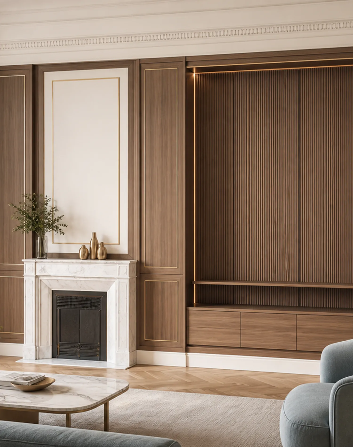 Suite de Salón Veneto con Nicho de Audio Boiserie de Nogal estudio de adaptación