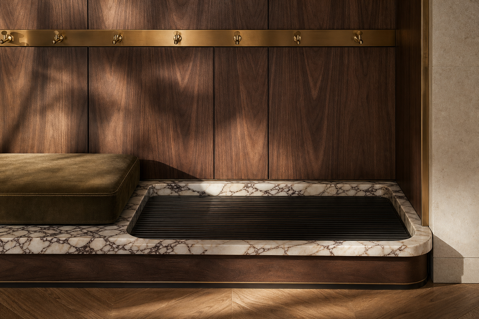 Fadior Savile Entryway Suite with Rainscreen Boot Dock — close-up of stainless steel finish and hardware detail