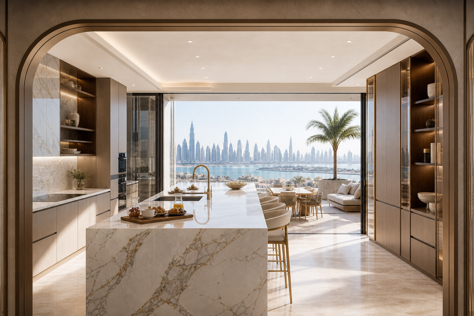Fadior Dubai 120 sqm Kitchen Penthouse - marble island, terrace doors, palm planter, skyline view