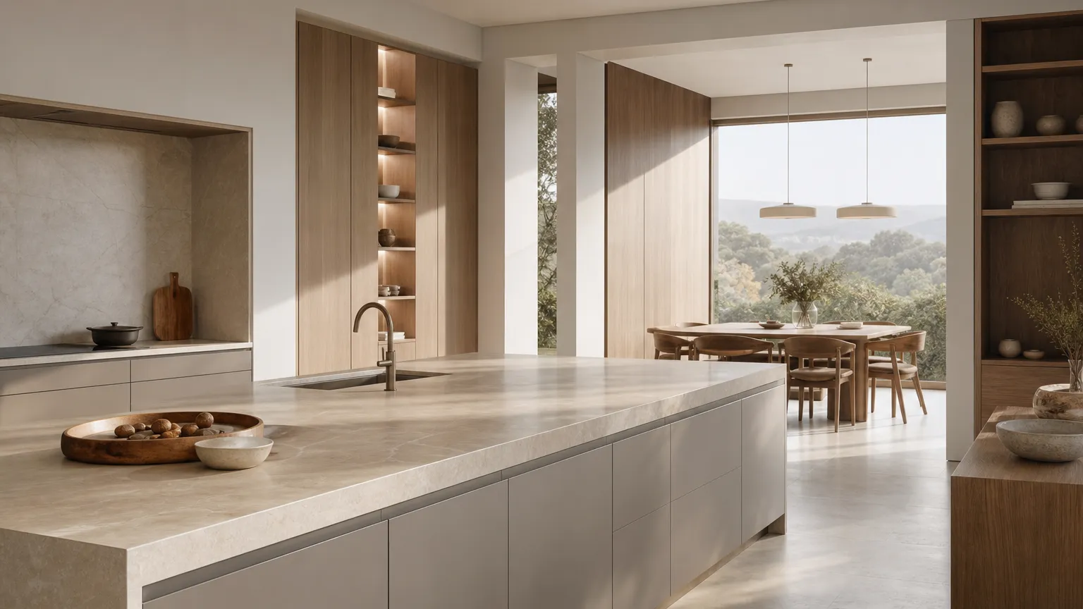 Wide warm-grey villa kitchen showing disciplined cabinetry, dining connection, and soft morning hills beyond the window.