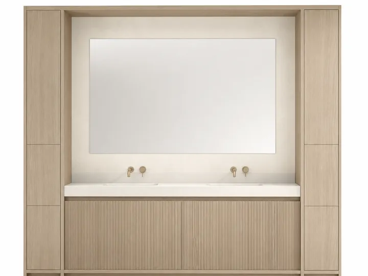 Fadior Ethereal Bath and Vanity Suite with Reeded Basin Niche — 304 stainless steel bath and vanity system, front view