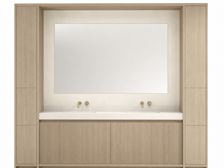 Fadior Ethereal Bath and Vanity Suite with Reeded Basin Niche — 304 stainless steel bath and vanity system, front view