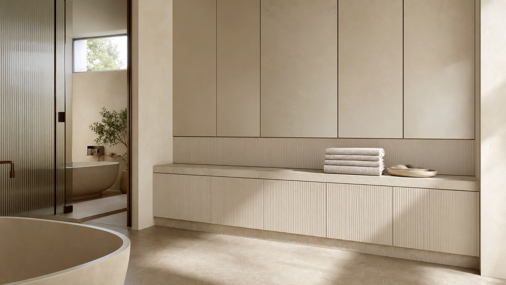 Fadior Solstice Bath and Vanity Suite with Fluted Onsen Linen Plinth — lifestyle setting with natural light and residential