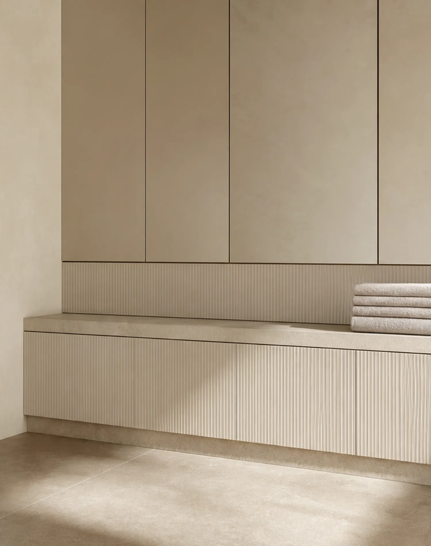 Fadior Solstice Bath and Vanity Suite with Fluted Onsen Linen Plinth — lifestyle setting with natural light and residential