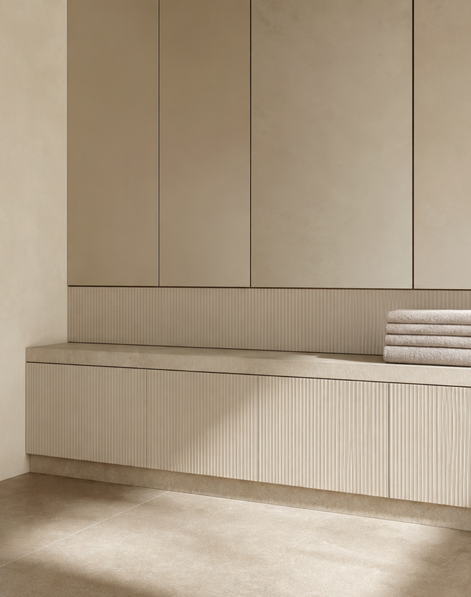 Fadior Solstice Bath and Vanity Suite with Fluted Onsen Linen Plinth — lifestyle setting with natural light and residential
