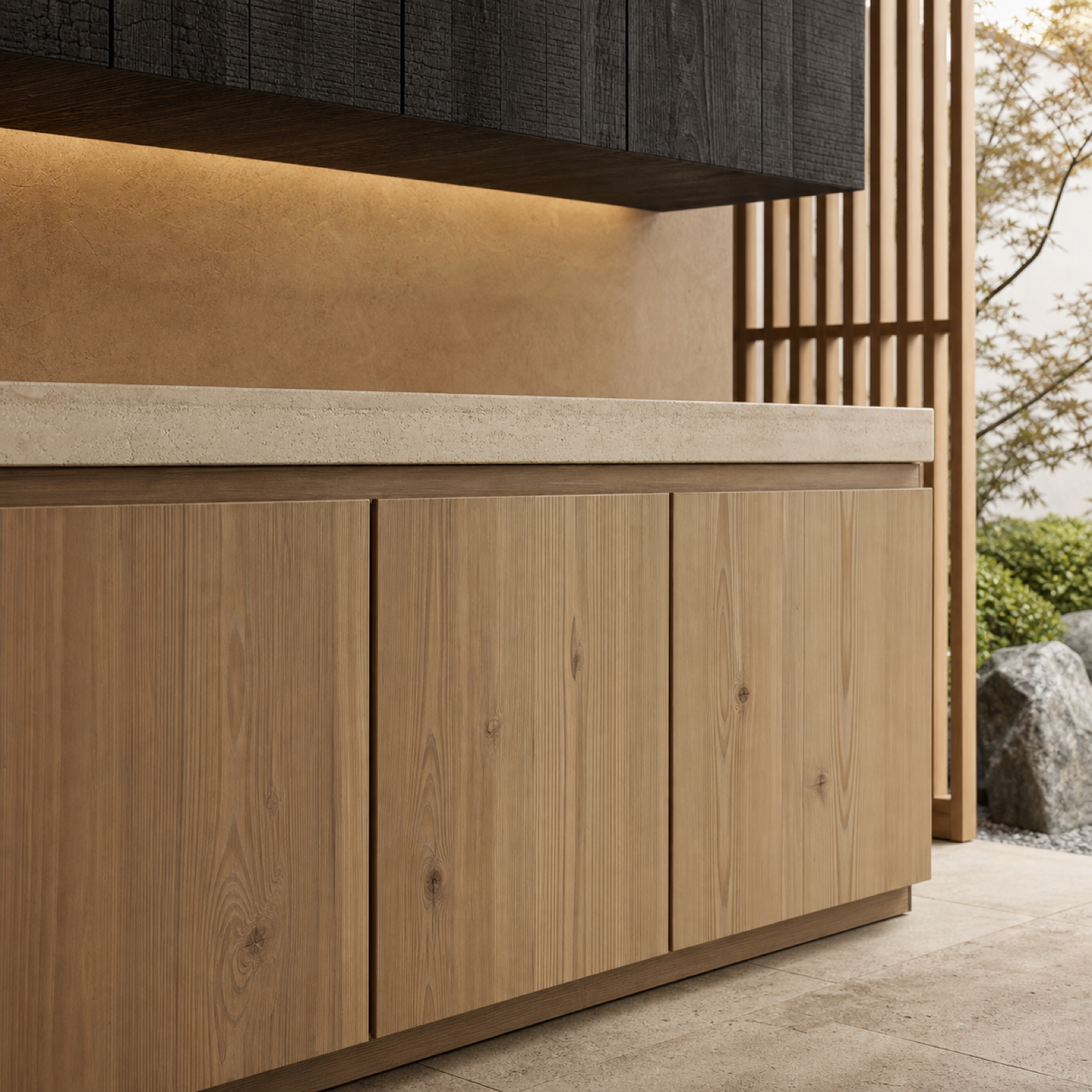 Fadior Horizon Outdoor Kitchen Suite with Sheltered Hearth Counter — close-up of stainless steel finish and hardware detail