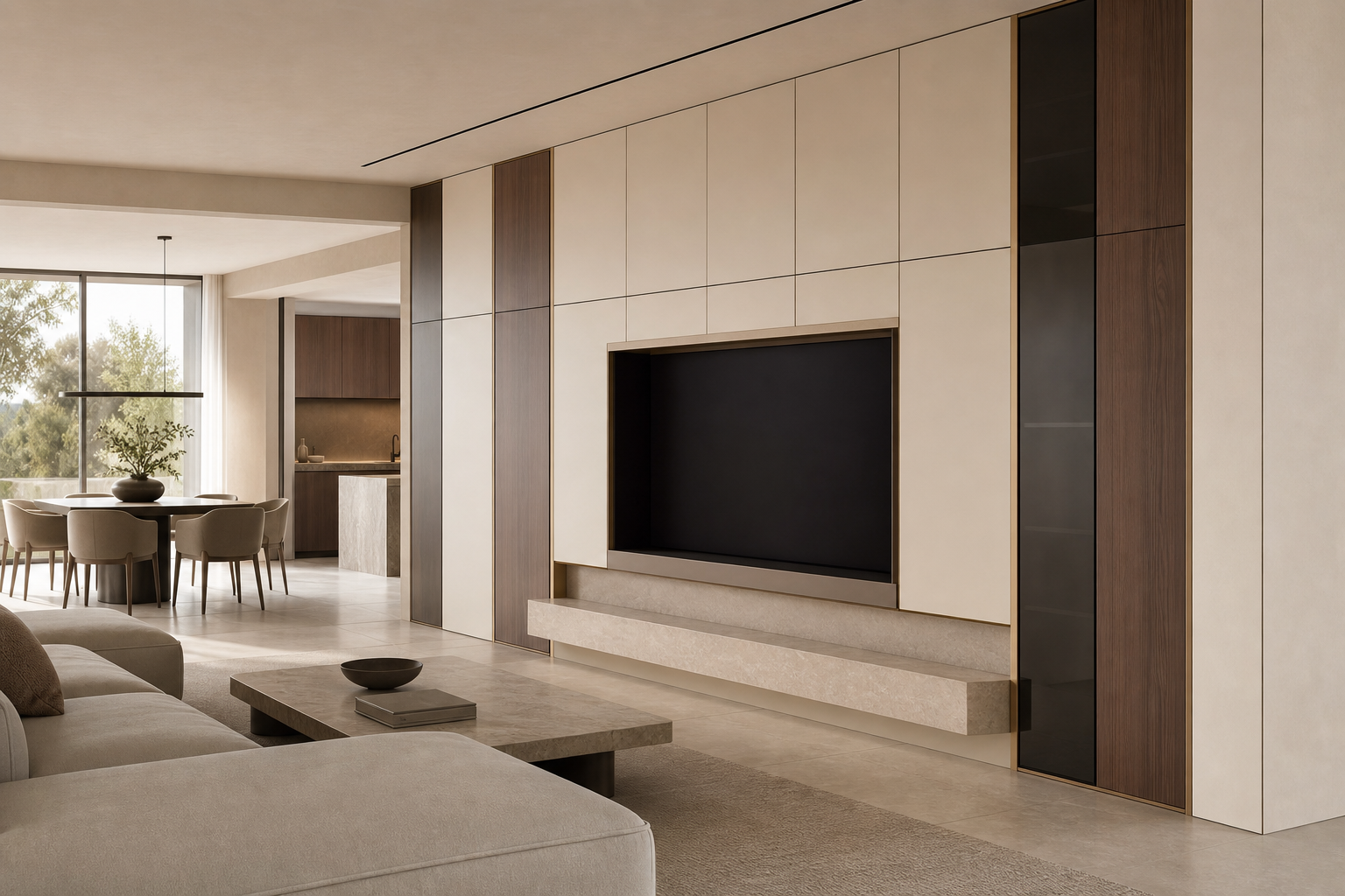 Fadior Veneto Living Room Suite with Modular Media Wall — interior room context showing cabinet integration