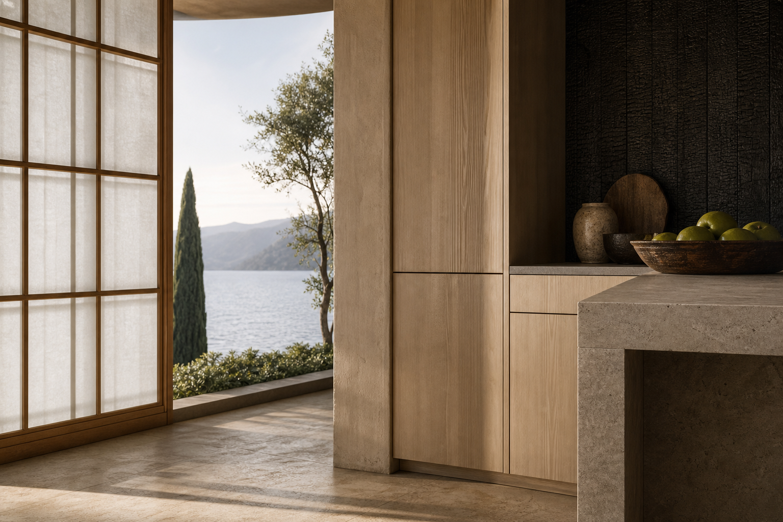 Fadior Como 320 sqm Kitchen Villa — Como finish study with cypress cabinet face, travertine island, rice paper screen,