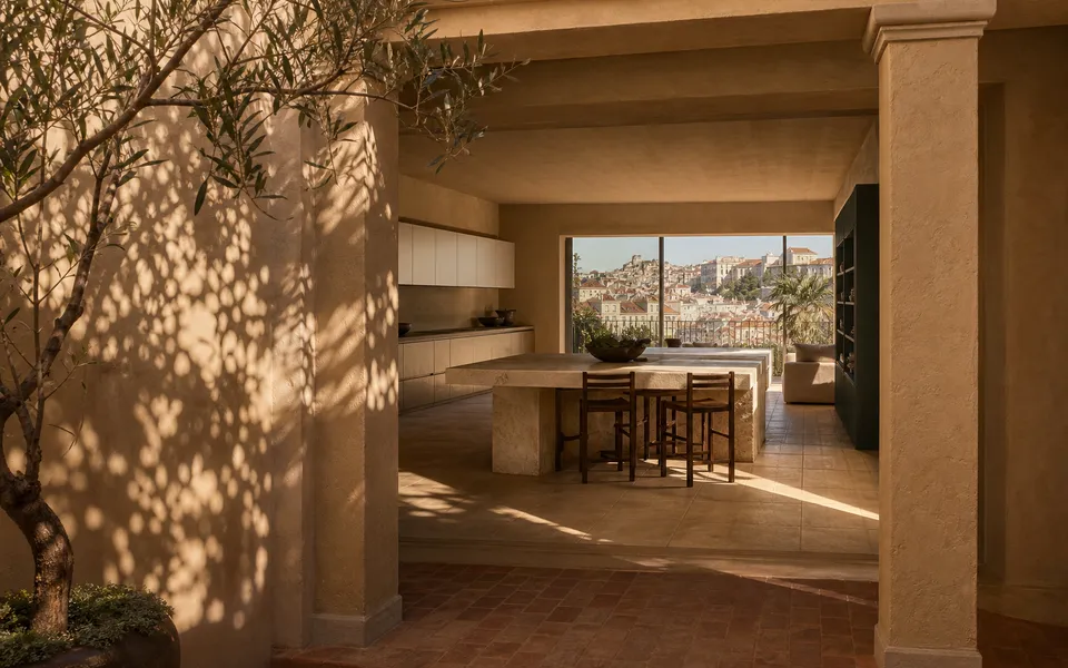 Fadior Lisbon 220 sqm Kitchen Penthouse — stone island, oak cabinetry, terrace window, terracotta floor — 304 stainless steel cabinetry installation by Fadior
