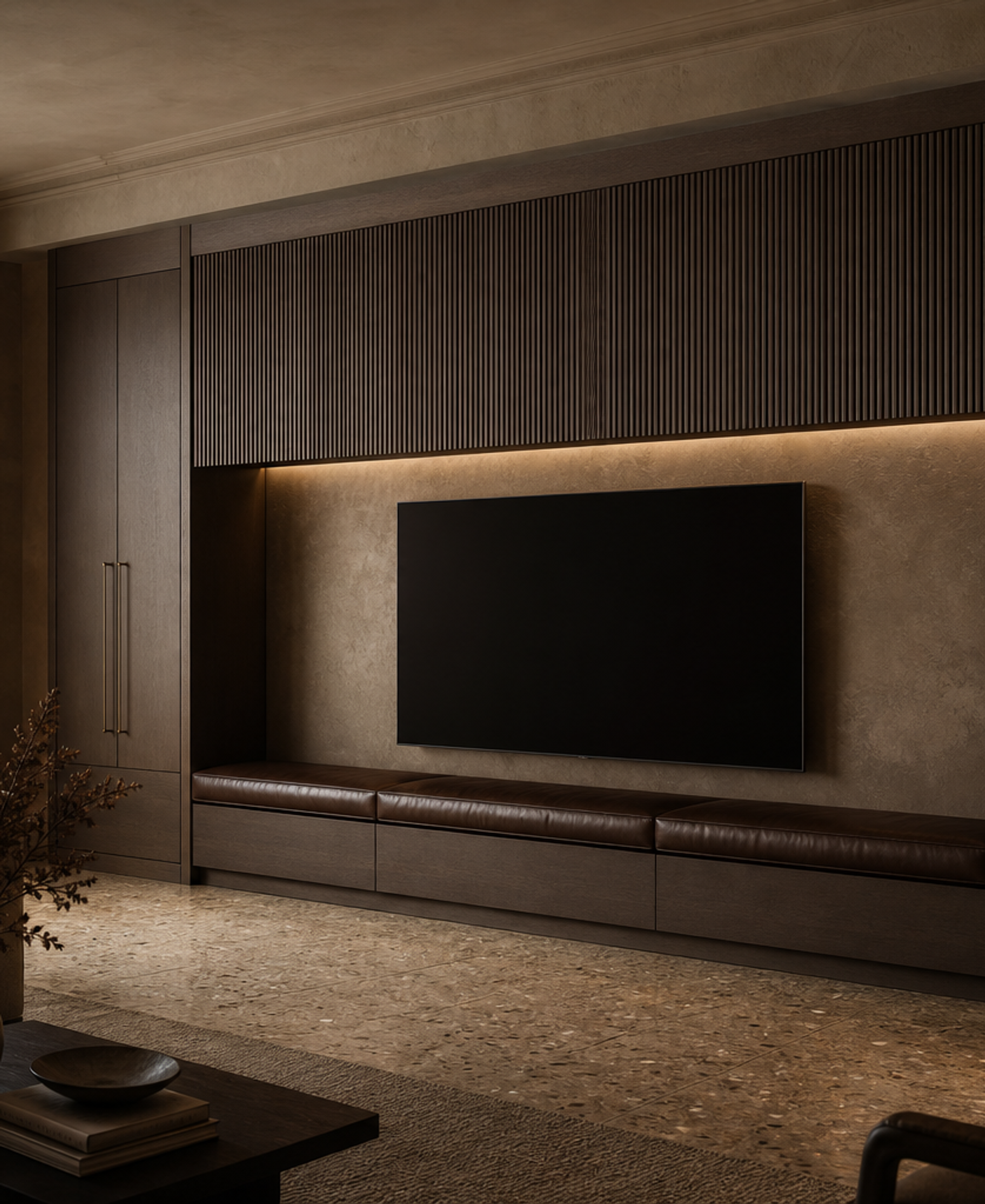 Fadior Patina Living Room Suite with Reeded Display Media Bridge — 304 stainless steel living room system, front view