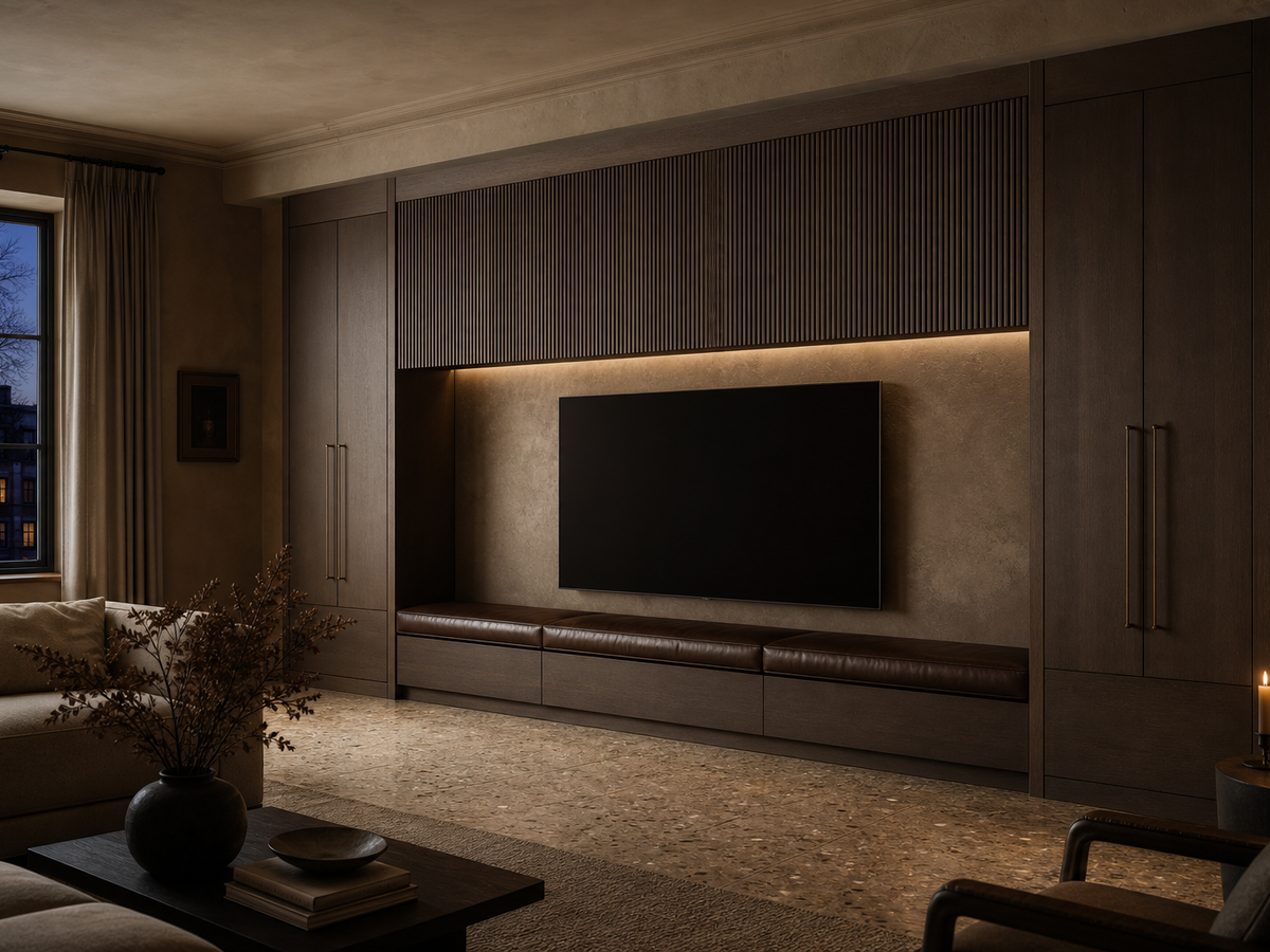 Fadior Patina Living Room Suite with Reeded Display Media Bridge — 304 stainless steel living room system, front view