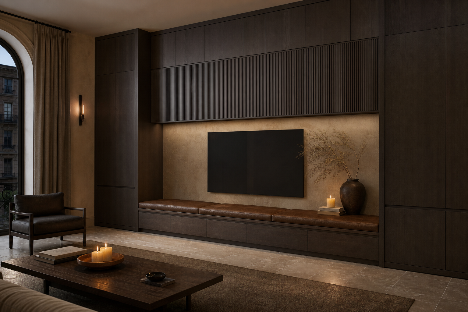 Fadior Patina Living Room Suite with Reeded Display Media Bridge — lifestyle setting with natural light and residential styling