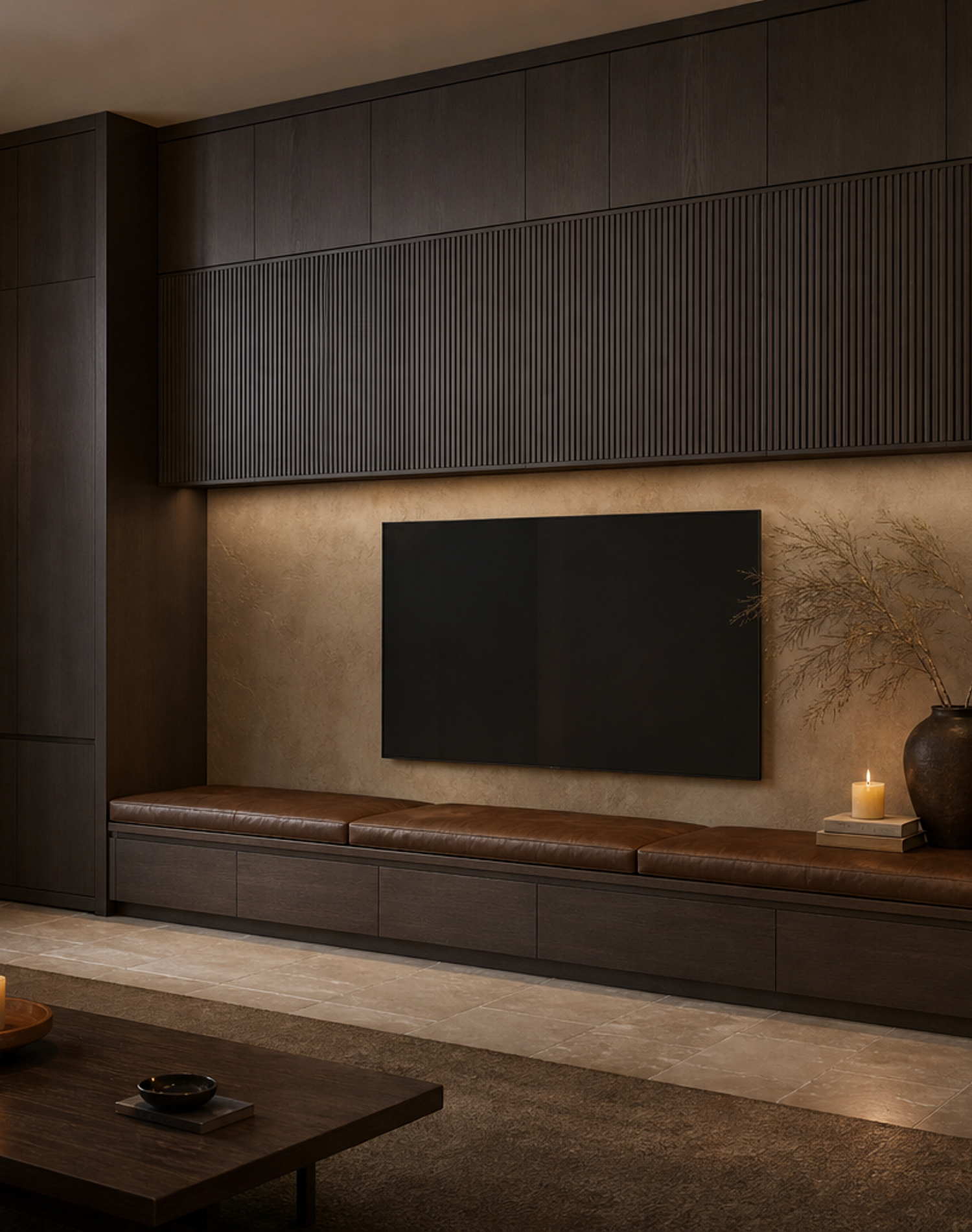 Fadior Patina Living Room Suite with Reeded Display Media Bridge — lifestyle setting with natural light and residential styling